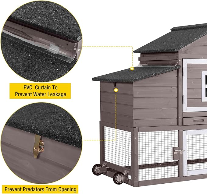 Aivituvin Chicken Coop Outdoor with Wheels, Mobile Hen House Wooden Poultry Cage with Run & Waterproof Roof (Grey with White)-PurrikoPets