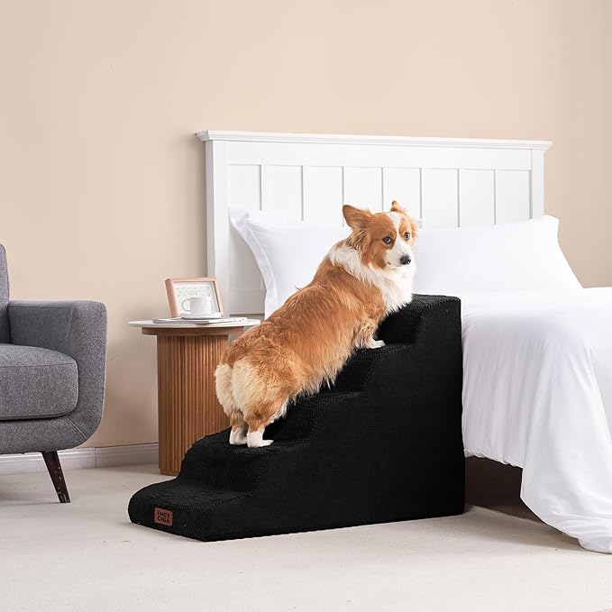 EHEYCIGA Curved Dog Stairs Ramp for High Beds, 5-Step Extra Wide Dog Steps for Small Dogs and Cats, Pet Stairs for High Bed Climbing, Non-Slip Balanced Pet Step Indoor, Black-PurrikoPets