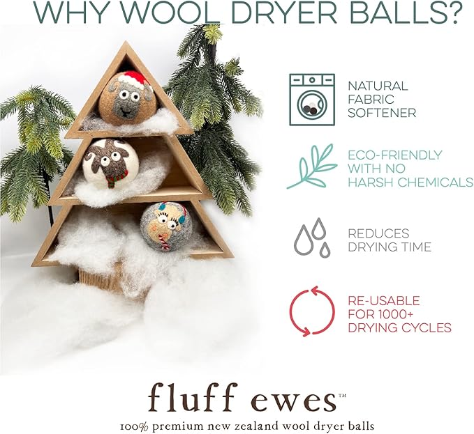 Fluff Ewes Wool Dryer Balls 3 Pack Premium New Zealand Wool Laundry Balls for Dryer, No Static Dryer Balls Laundry Reusable, XL Christmas Dryer Balls, Holiday Dryer Balls - Sheep in Heavenly Peace-PurrikoPets