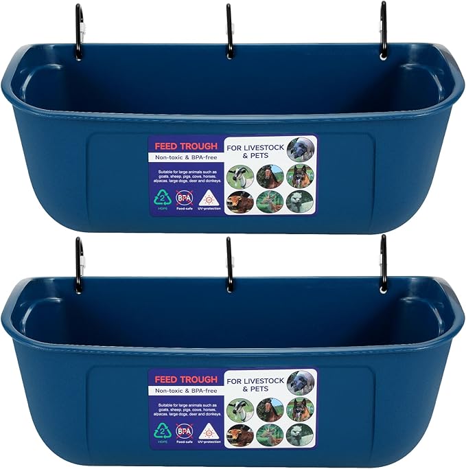 Goovilla Large Feed Trough, Hanging or Screw-in Fence Feeder with Clips, 2 Pack 9 Quart Goat Feeder Supplies, Dog Horse Hog Pig Livestock Poultry Plastic Feeder Trough Bucket for Large Animal, Blue-PurrikoPets