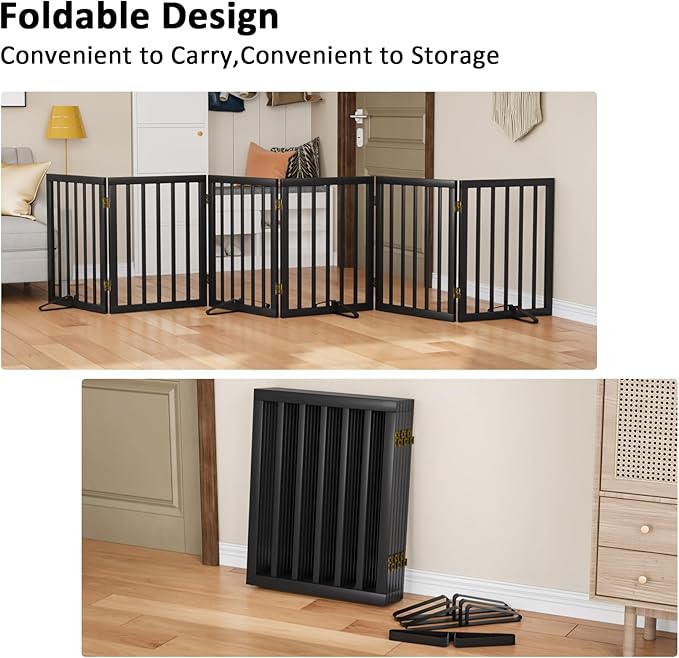 Extra Wide Dog Gate 110 inches Wide, Freestanding Pet Gate for The House Doorway, Pet Puppy Barrier, Support Feet Included, Black,6 Panels-PurrikoPets