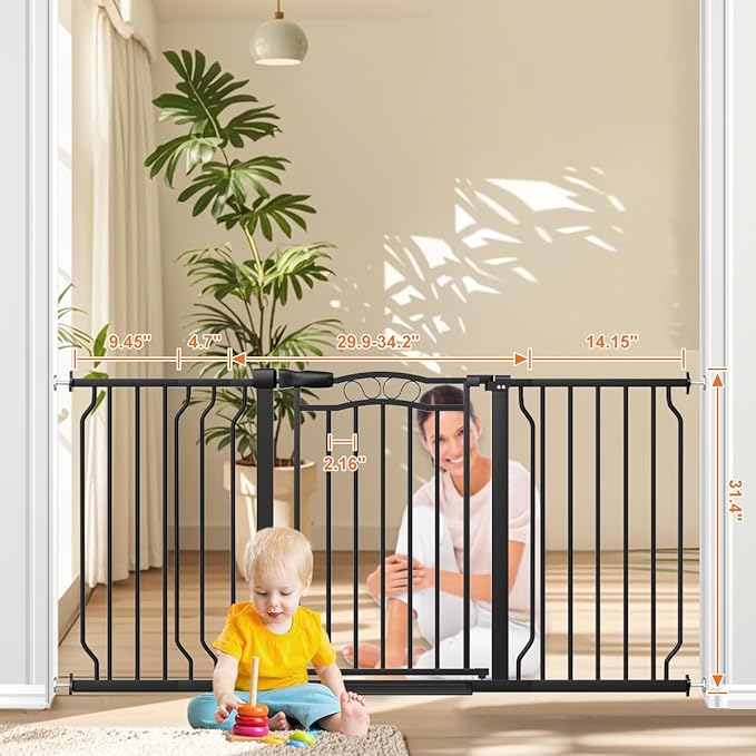 53.1-62.2" Extra Wide Baby Gate for Stairs No Drilling, 30" Tall Auto Close Press Mounted Baby Gate for Doorways, Adjustable Width Walk Through Dog Gates for Doorways, Black-PurrikoPets