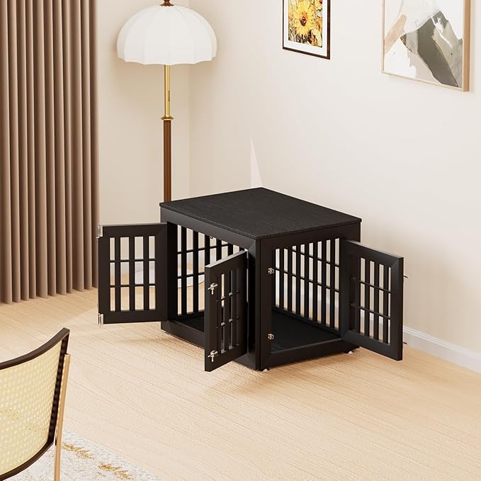 32" Heavy Duty Dog Crate Furniture for Small,Medium and Large Dogs,Rustic Wooden Dog Cage Kennel Indoor Furniture with Waterproof Top,Decorative Pet House Side End Table (Black)-PurrikoPets