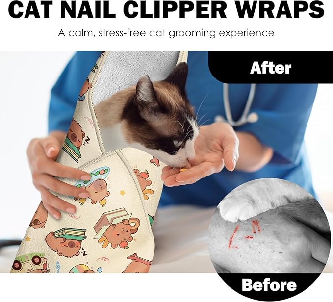 27.6"Cat Grooming Wrap, Self Adhesive Cat Wrap for Cutting Nails, Anti-Escape Calming Cat Swaddle Wrap for Medicine Ear Cleaning, Anti-Scratch Cats Burrito Restraint Blanket, Multifunctional Pet Tool-PurrikoPets