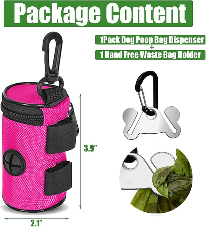 Dog Poop Bag Holder for Leash Attachment - Waste Bag Dispenser for Leash - Fits Any Dog Leash - Portable Set with Hand Free Holder Metal Carrier, Round Shape, Pink-PurrikoPets