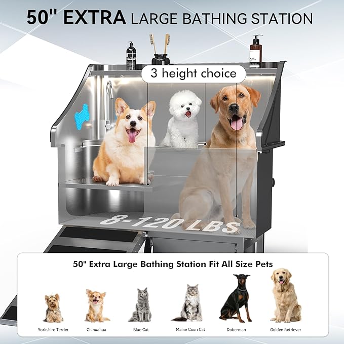 50'' Dog Washing Station - 304 Stainless Steel, LED Dog Bathing Station with Ramp, 2 Drawer, Floor Grate & Lick Pad for Large, Medium & Small Dogs-PurrikoPets