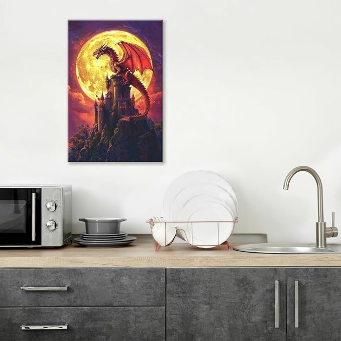Dragon Bathroom Pictures Wall Art, Red Dragon Castle Bathroom Wall Decor, Framed Painting Canvas Artwork for Bedroom Living Room Decorations 24"L x 16"W-PurrikoPets