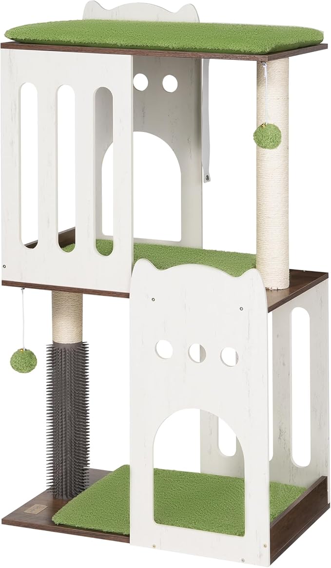 FourFurPets 43.7in 3-Tier Modern Cat Tree Tower Condo, Cat Scratch Posts for Indoor Cats, Big Plate, Two 19.7in Full Sisal Scratching Posts, White-PurrikoPets