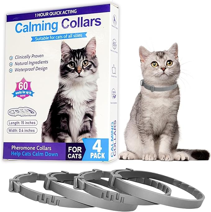 4 Pack Calming Collar for Cats - 60 Days Anxiety and Stress Relief, Relaxing Cat Collar, Adjustable Pheromones Collar for Cats，Natural Soothing for Continuous Calming-PurrikoPets