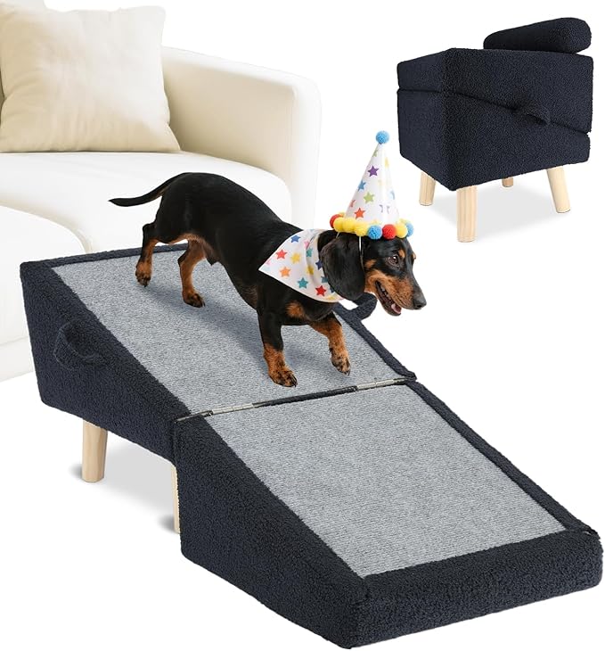 Dog Stairs for Small Dogs and Cats – 2-in-1 Dog Ramp for Bed and Couch, 16.5'' Foldable Wooden Pet Steps, Sturdy Multi-Use Split Ottoman Design, Dark Blue-PurrikoPets