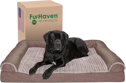 Furhaven Cooling Gel Dog Bed for Large Dogs w/ Removable Bolsters & Washable Cover, For Dogs Up to 125 lbs - Luxe Faux Fur & Performance Linen Sofa - Woodsmoke, Jumbo Plus/XXL-PurrikoPets