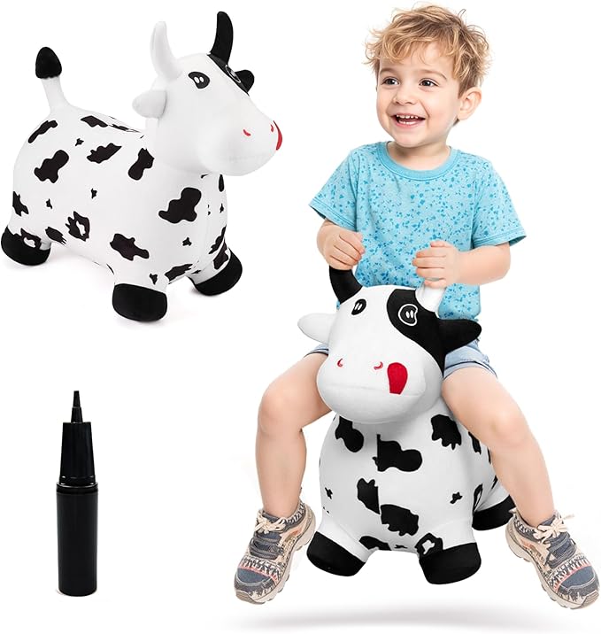 EVERICH TOY Bouncy Horse Cow Toys, Inflatable Bouncing Animal Hopping Toys, Outdoor Indoor Ride on Bouncer, Boys Girls Birthday Gift for 18 Month 2 3 4 5 6 Year Old Kid- Plush Cow Toy-PurrikoPets