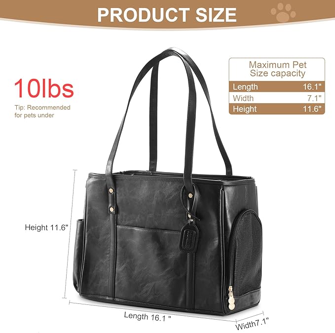 Fashion Dog Carrier Purse, Premium Leather Cat Carrier Bag, Airline Approved Soft Sided Pet Travel Tote Bag with Pockets Black-PurrikoPets