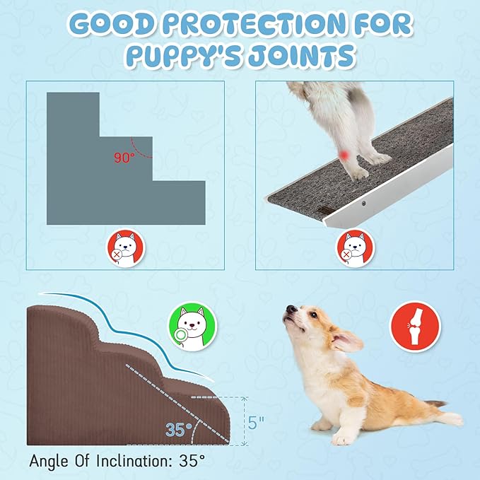 Dog Stairs & Steps for High Beds, 2 Steps High Density Foam Waterproof Dog Ramp for Small Dogs and Cats, Pet Stairs with Washable Cover for Bed, Couch, Sofa and Car, Coffee (H: 11.8")-PurrikoPets
