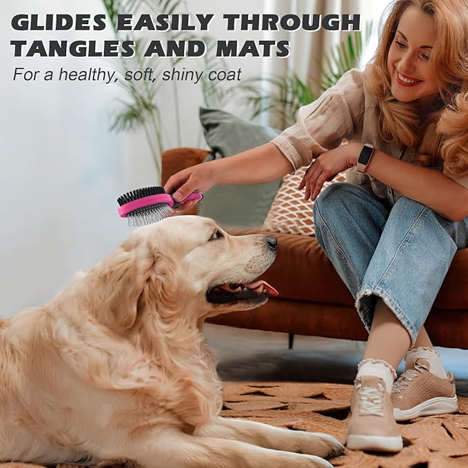 2PCS Pet Grooming Tools - Double-Sided Brush for Shedding and Bathing, Suitable for Short/Long Haired Dogs Cats and Horses, Deshedding Dog Brush, Mane & Tail Combs for Horses - Pet Supplies (Pink)-PurrikoPets