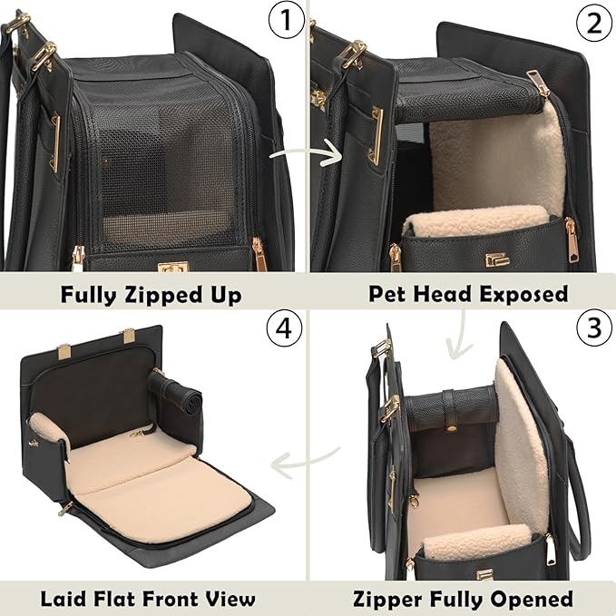 2-in-1 Stylish Dog Purse Carrier Soft-Sided Carriers Travel Tote Bag for Small Dogs Cats, Fashion Foldable Pet Bag for Puppies Small Animals with Pockets (Black, 15" L x 7.5" W x 12.2" H)-PurrikoPets