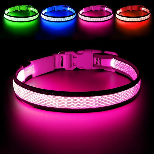 Flashseen LED Dog Collar, USB Rechargeable Light Up Dog Collar Lights, Adjustable Comfortable Soft Mesh Safety Pet Collar for Small, Medium, Large Dogs (Large, Candy Pink)-PurrikoPets