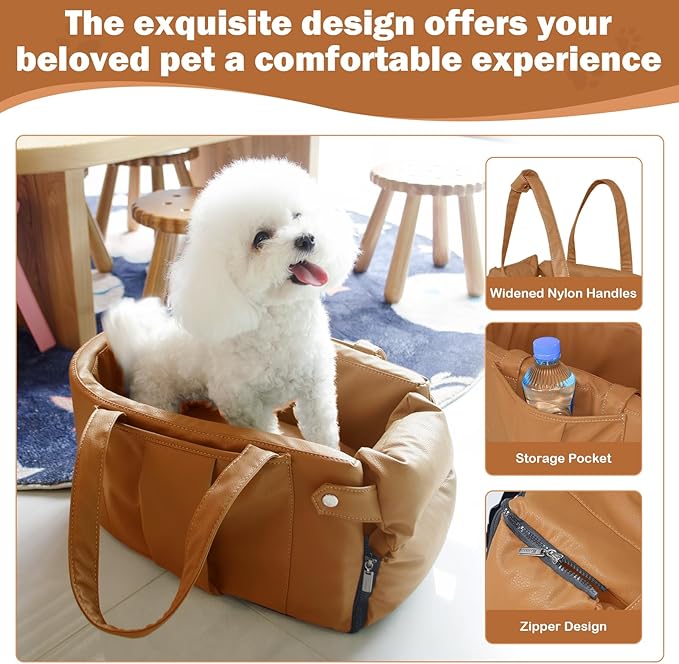 2 and 1 Center Console Dog Car Seat & Carrier for Small Dogs, Large Leather Dog Car Bed with Storage Pocket, Waterproof PVC Leather Seat Travel Bed for Front & Back Seat, Clip-On Safety Leash-PurrikoPets