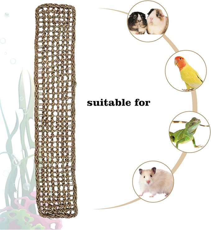 39 x 7 Inches Seagrass Mat, Natural Seagrass Woven Net, Bird Hammock Mat with Hooks, Cage Accessories, Climbing Rope Ladder Chew Toys for Cockatiel, Hamster, Guinea Pig, Rats, Parakeet-PurrikoPets