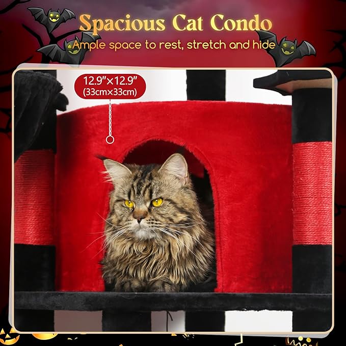 Globlazer Gothic Corner Cat Tree Tower with Scratching Post for Indoor Cats, 51inch Goth Cat Condo Tower with Large Hammock, Fan-Shaped Padded Perch, Spacious Cat Cave, Hanging Basket, C51, Red Black-PurrikoPets
