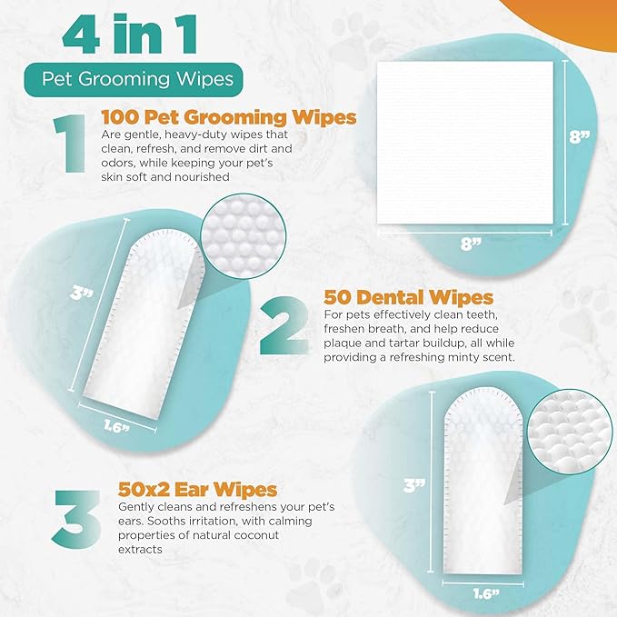 100 Pet Wipes (8x8'' Unscented) - 100 Ear Wipes (Coconut) - 50 Dental Wipes (Mint Infused) for Dogs & Cats, 250 Wipes, Alcohol-Free, Safe & Gentle- Great Value Bundle, Pet Care-PurrikoPets