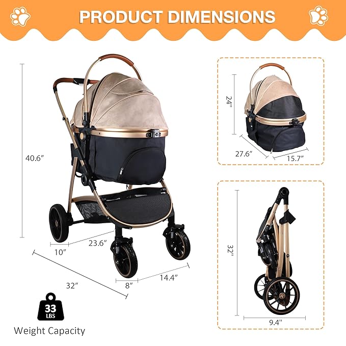 Dog Stroller for Small Medium Dogs, 3 in 1 Folding Pet Stroller Up to 33 lbs, 4 Wheels Pet Strolling Cart with Zipperless Entry, Cat Dog Travel Carrier with Cup Holder & Storage Basket-PurrikoPets
