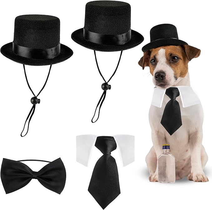 4 Pcs Pet Formal Halloween Costume Accessories Dog Wedding Bow Tie Top Hat Puppy Gentleman Costume for Small Medium Dogs Cats Halloween Party-PurrikoPets