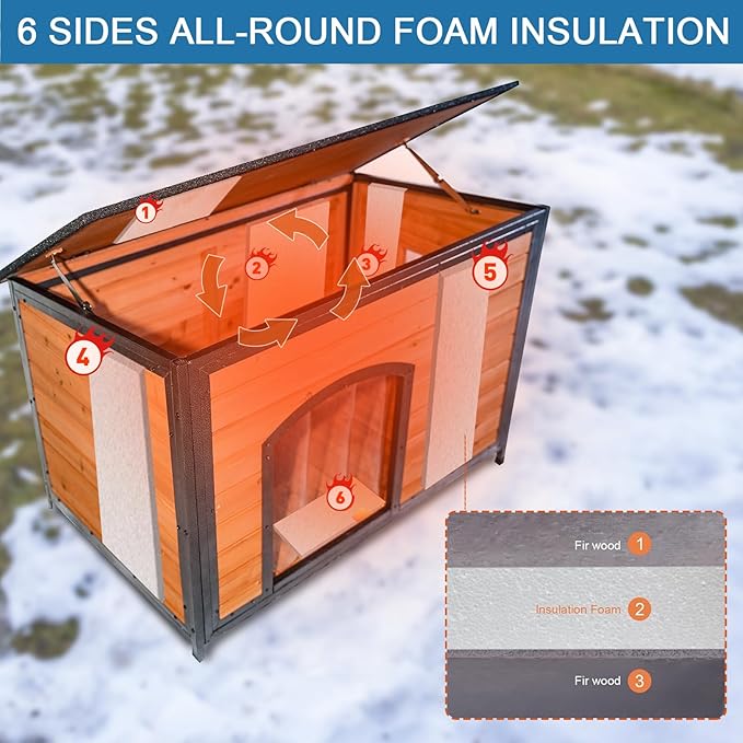 Dog House Outdoor Insulated 43.3" L Large Dog Kennel 6 Sides All-Round Foam Winter Weatherproof for Small Medium Large Dogs with Strong Metal Chew Proof Frame-PurrikoPets