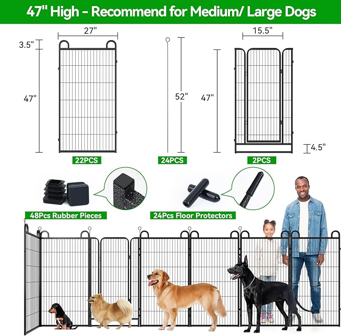 Dog Playpen Outdoor 24 Panels Heavy Duty Dog Fence 47" Height Anti-Rust with Doors Portable for RV Camping Yard, Total 54FT, 227 Sq.ft, Snowy Black-PurrikoPets
