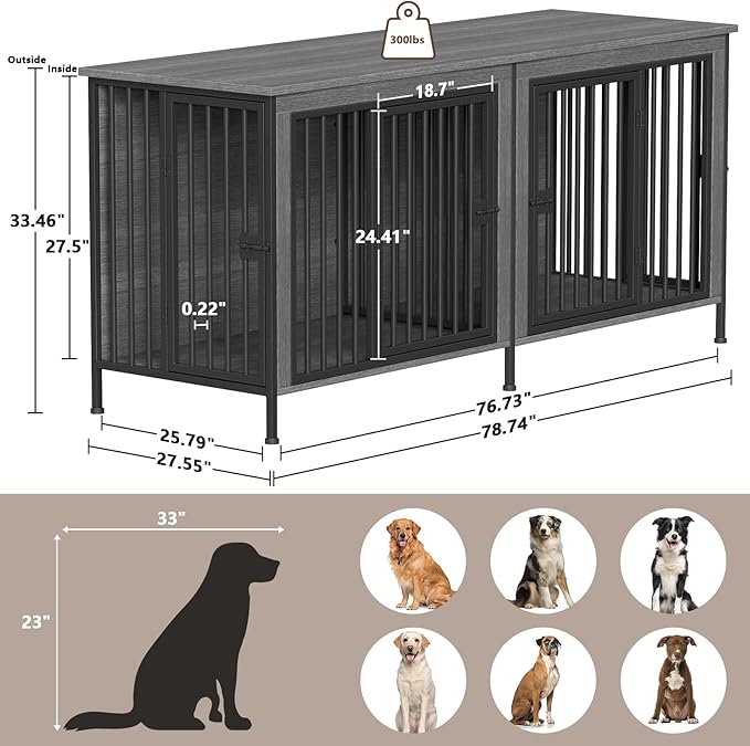 EasyCom 78 Inch Dog Cage Furniture for 2 Pets with Divider, XXL Wooden Double Dog Crate Furniture TV Stand for Mideum and Large Breed, Durable and Sturdy-PurrikoPets
