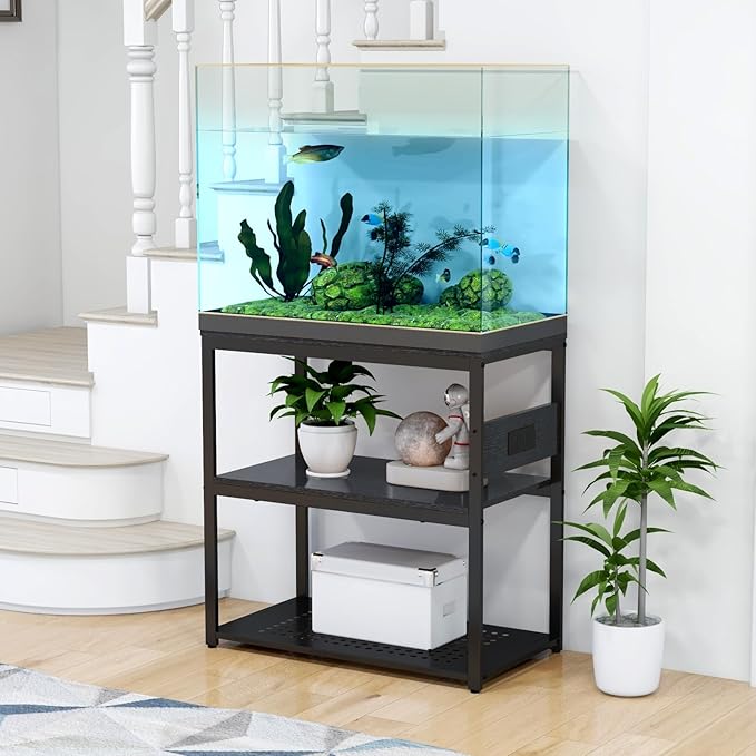 20-29 Gallon Fish Tank Stand with Power Outlets, 3-Tier Metal Aquarium Stand, Breeder Reptile Tank Stand with Shelf for Home Office, 660LBS Capacity, 29.5 x 15.8 x 30.1 inches, Black-PurrikoPets