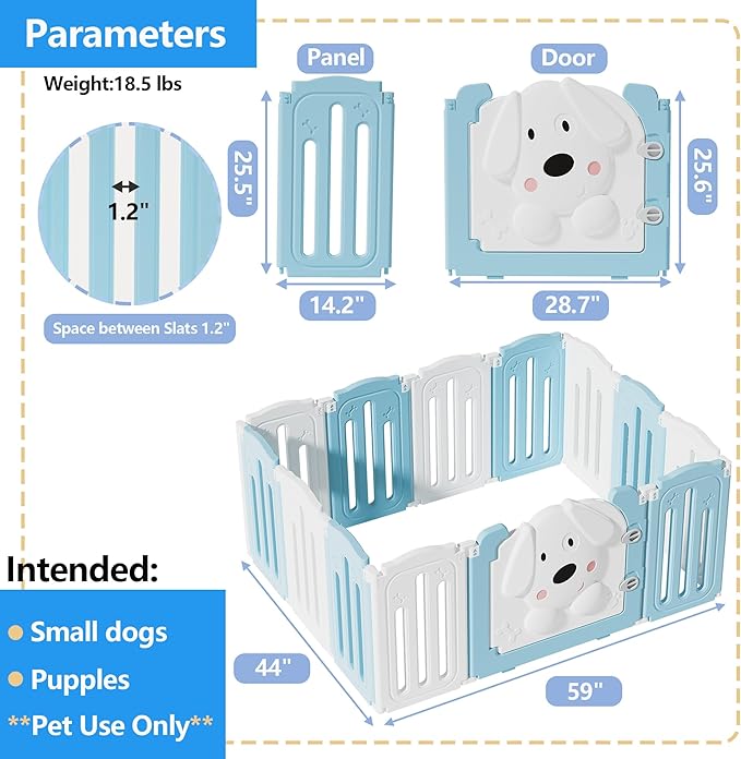 Foldable Dog Play Pen Indoors, Non-Slip Sturdy Puppy Playpen with Door, 25.5" H 12-Panel Adjustable Shape Dog Fence Pen for Small/Medium Dogs, Thickened, Easy to Store, White+Blue-PurrikoPets