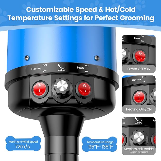 Dog Dryer, 5.2HP/3800W High Velocity Dog Hair Dryer with 4 Nozzles, Stepless Adjustable Speed & Temperature Control, Low Noise Professional Dog Grooming Dryer (Blue)-PurrikoPets