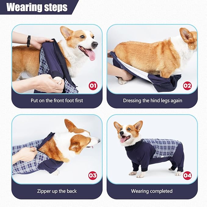 Dog Recovery Suit, Abdominal Wound After Surgery Wear, Anti Licking Bodysuit with Zipper, E-Collar & Cone Alternatives, Plaid Dog Spay Surgical Shirt Prevent Shedding(XL, Blue)-PurrikoPets