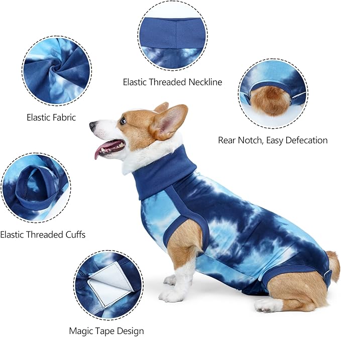 Dog Onesie Suit for Medium Large Dogs Recovery Suit for Tie Dye Pajamasfor Abdominal Wounds, Shedding, Prevent Licking L Blue2-PurrikoPets