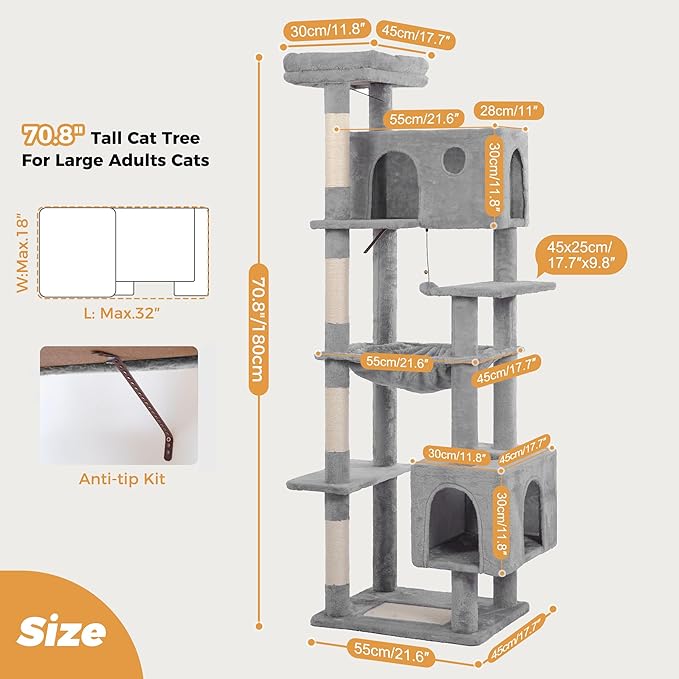 72” Cat Tree for Large Cats Big Cat Tower with Enlarged Hammock 21.6x17.7” Spacious Cats Condo House and Roomy Top Bed and Multiple Scratch Posts for Indoor Adult Cats (Grey, XLarge-72)-PurrikoPets