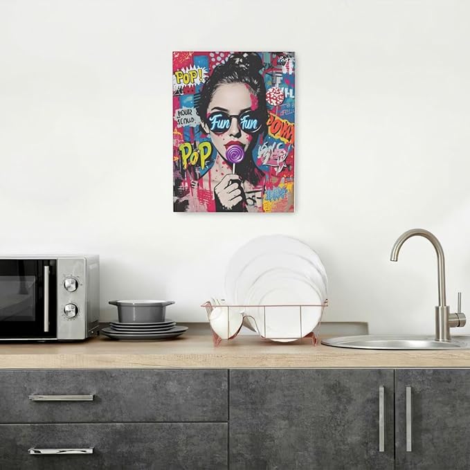 Fashion Women Wall Art Glam Modern Artwork for Girls Banksy Street Graffiti Pop Art Canvas Pictures Painting Print Framed Decorations Gifts for Bedroom Living Room Office 12"x16"-PurrikoPets