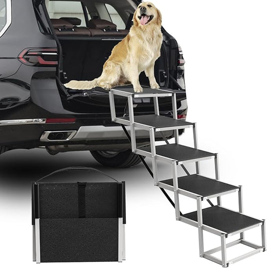 Dog Stairs for Large Dogs - 5 Step Foldable Dog Ramp for Car Non-Slip Surface Support up to 230lbs - Suitable for SUV,Truck, Sofas, Bed-PurrikoPets