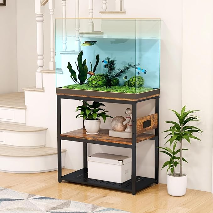 20-29 Gallon Fish Tank Stand With Power Outlets, 3-Tier Metal Aquarium Stands, Breeder Reptile Tank Stand with Shelf for Home Office, 660LBS Capacity, 29.5 x 15.8 x 30.1 inches, Brown-PurrikoPets