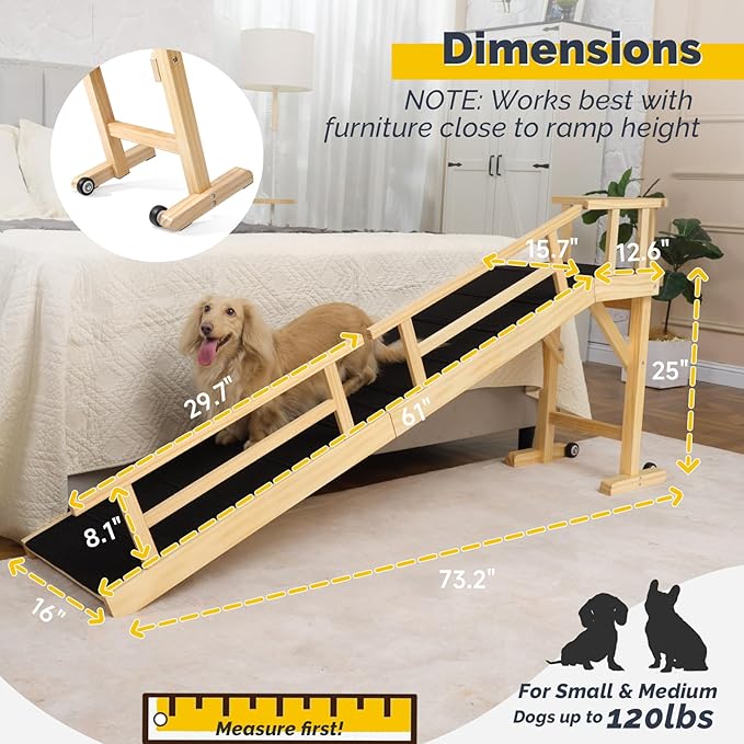 Dog Ramp for Bed or Couch, Wooden Pet Ramp with 20° Gentle Slope, Removable Side Rails, Non-Slip Surface, Top Platform & Wheels, Safe Bed Ramp for Small, Medium & Senior Dogs, 74" Long, Natural-PurrikoPets