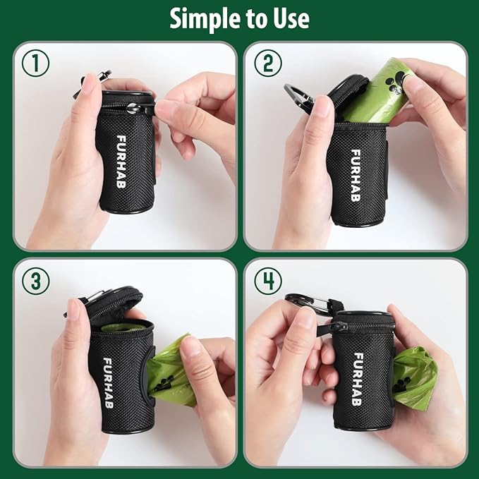 Dog Poop Bag Holder for Leash Doggie Waste Bag Dispenser Soft Fabric Puppy Potty Carrier Small Doggy Zipper Pouch with Carabiner Clip with 1 Roll of Pet Trash Bags, Black-PurrikoPets