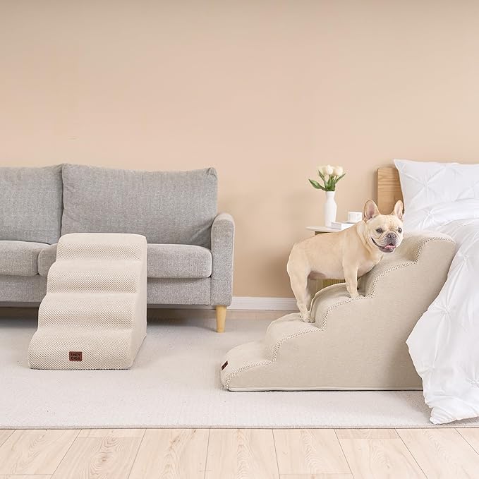 EHEYCIGA Curved Dog Stairs Ramp for High Beds 19.7" H, 4-Step Dog Steps for Small Dogs and Cats, Pet Stairs for High Bed Climbing, Non-Slip Balanced Pet Step Indoor, Beige-PurrikoPets