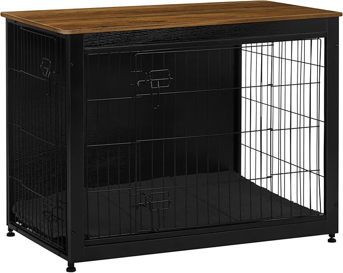 DWANTON Dog Crate Furniture with Cushion, Wooden Kennel Table with Double Doors, Indoor Dog House, Large Size, 38.5" L, Black+Warm Brown-PurrikoPets