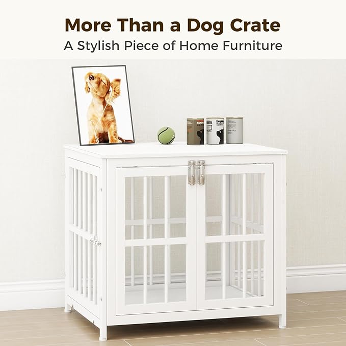 26 Inch Heavy Duty Wooden Dog Kennel End Table with Double Door Design and Secure Locks, Indoor Pet Crate Furniture for Small Dogs, Decorative Home Cage Design,White-PurrikoPets