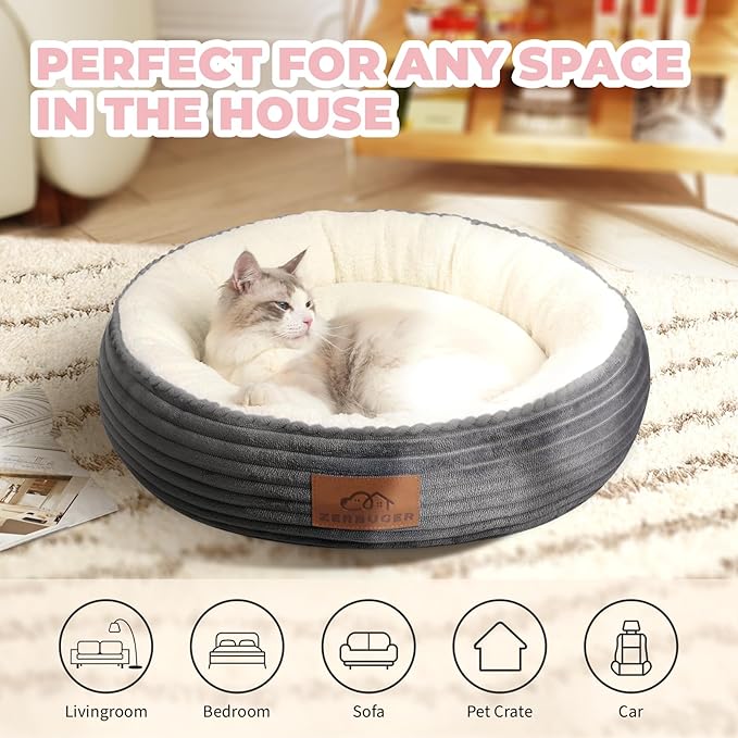 20in Washable Cat Beds for Indoor Cats - Round Donut Pet Bed for Cats, Small Dogs, Puppy, Kitten - Anti-Slip Bottom, Calming Bed Gift - Dark Grey-PurrikoPets