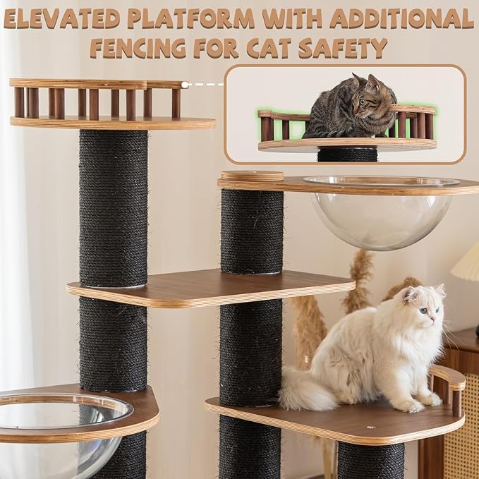 70.8'' Tall Luxury Cat Tree,All i,ne One Black Walnut Wood Modern Cat Tower for Indoor Large,Huge Multi-Level Cat Furniture with Scratching Posts,Condo,Cushion,Clear Bowl,Platform for Home Decoration-PurrikoPets