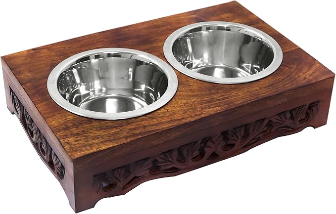 Elevated Pet Feeder for Dogs and Cats - Scroll Carved Wood Raised Dog Bowl Stand - Pet Feeding Stand with Two Steel Bowls - Raised Dog Bowl for Food and Water - Pet Feeding Station -17x11x4- IRONGATE-PurrikoPets