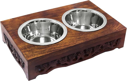 Elevated Pet Feeder for Dogs and Cats - Scroll Carved Wood Raised Dog Bowl Stand - Pet Feeding Stand with Two Steel Bowls - Raised Dog Bowl for Food and Water - Pet Feeding Station -17x11x4- IRONGATE-PurrikoPets
