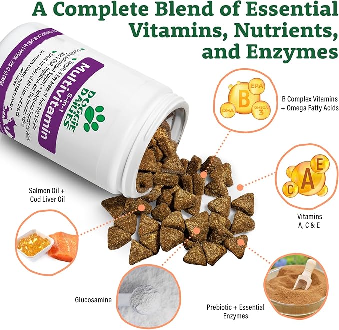 Doggie Dailies 5 in 1 Multivitamin for Dogs, Dog Multivitamin for Skin and Coat Health, Joint Health, Improved Digestion, Antioxidants, Support a Healthy Immune System (Peanut Butter) 225 Soft Chews-PurrikoPets