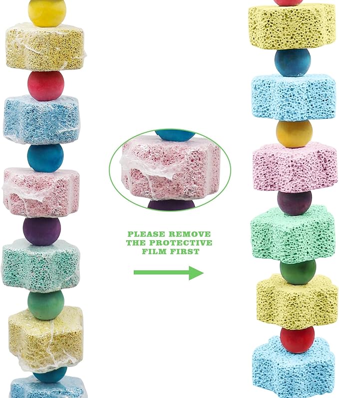 2 Pack Mineral Block Chew Toys with Colorful Beads and a Bell, Bird Beak Grinding Stone, Cage Accessories for African Grey, Budgies, Cockatiels, Small to Medium Birds-PurrikoPets